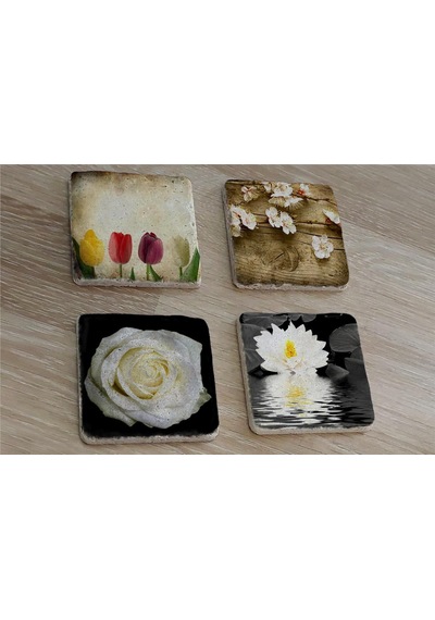 Renkli Laleler Ve Çiçekler Doğal Taş Bardak Altlığı 4'lü Set - Natural Stone Coasters - Taş Çok Renkli