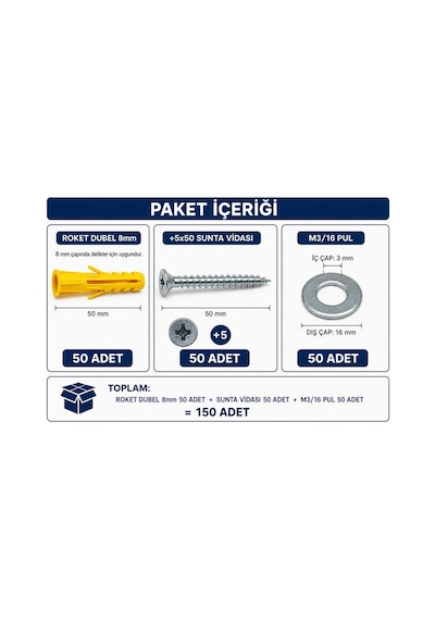 Vida Dubel Pul Seti 150pcs 5x50 Vidası 8mm Roket Dubel 3/16pul Diğer