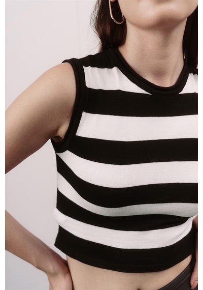 Livanomi Siyah Çizgili Crop Bluz - Siyah