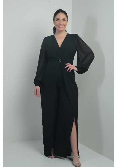 By Saygı Kadın V Yaka Önü Tek Düğme Kolları Şifon Yarım Astarlı Büyük Beden Krep Tulum-40374 Siyah By Saygı Kadın V Yaka Önü Tek Düğme Kolları Şifon Yarım Astarlı Büyük Beden Krep Tulum-40374 Siyah