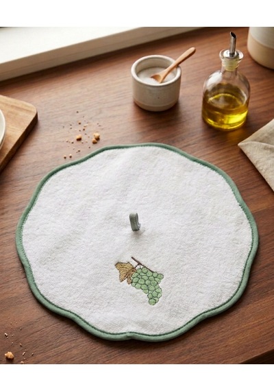 %100 Pamuk Yuvarlak Mutfak Havlusu 50 Cm 2 Li Set Yüksek Emicilik, Askı Halkalı, Nakışlı, Makinede Yıkanabilir Kurulama Bezi Beyaz