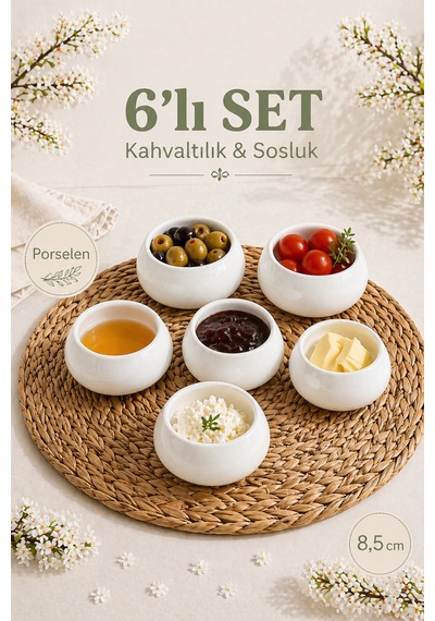 Porselen 6 Lı Kahvaltılık Kase Seti 8,5 Cm Sosluk Çerezlik Sunumluk Beyaz