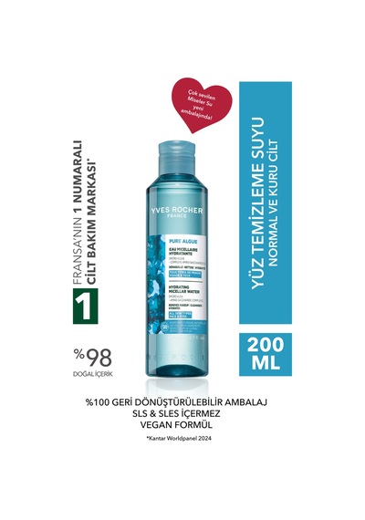 Yves Rocher Makyaj Temizleme Micellar Suyu-normal Ve Kuru Cilt -pure Algue Nemlendirici Botanik Kompleks 200ml