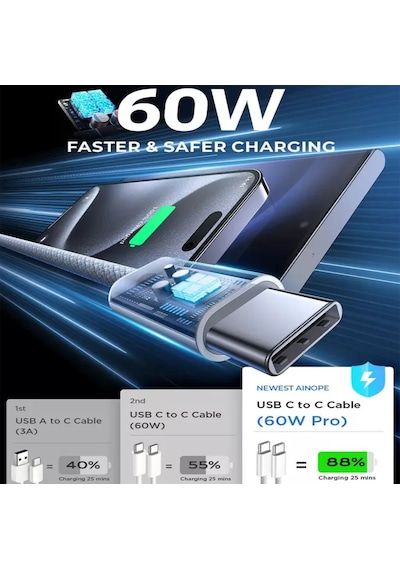 240w A Kadar Güç Destekli Yeni Nesil Hızlı Şarj Kablosu Type-c To Type-c Apple Uyumlu MacBook iPad, Tablet İçin