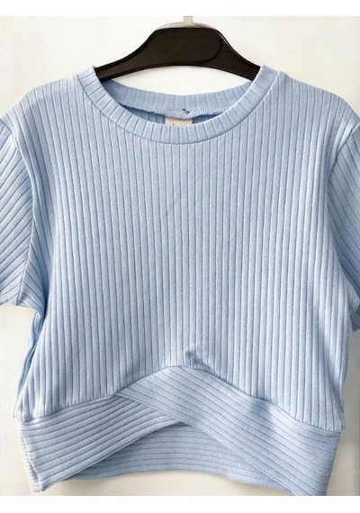 Zekids Kız Çocuk Fitilli Yarım Kol Crop T-shirt-14485 Mavi