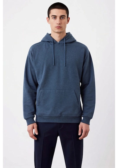 Benerly Erkek Kapüşonlu Düşük Kol Uzun Kollu Oversize Kalıp Sweatshirt Fo Indigo
