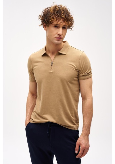 Bej Slim Fit Dar Kalıp Fermuarlı Polo Yaka Düz Kısa Kollu Tişört-16408 Bej