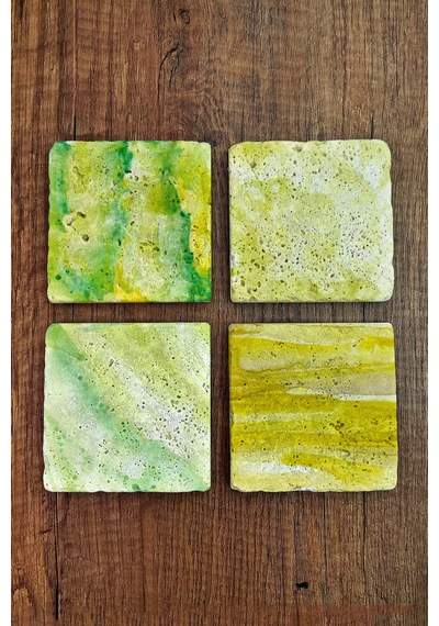 Doğal Taş Bardak Altlığı - Yeşil Sarı Desenler Baskılı 10x10cm Stone Coasters Çok Renkli