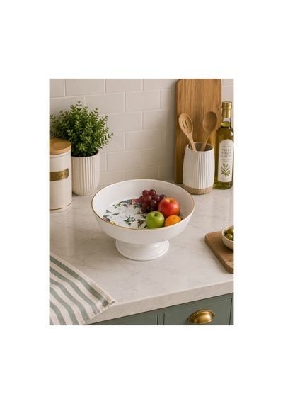 Flora Seramik Ayaklı Meyvelik Salata Kasesi Sunum Tabağı - 23,5cm Beyaz