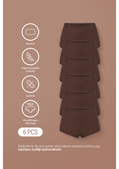 Auw Kadın Lastiksiz Pamuklu Modal Basic Boyshort 6'lı - Softfit Bitter