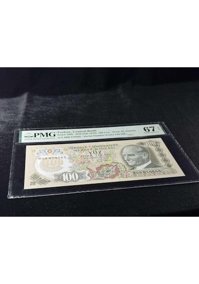 Türk Lirası Pmg 67 Epq Superb Gem Unc 100 Lira P 189b 1970 Nd 1979 S/n H09 6. Emisyon 2. Tertip
