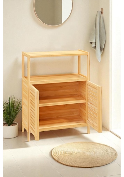 Digithome Bambu Çift Kapaklı 2 Raflı Banyo Düzenleyici Organizer Yatay Dolap Db-0038 Kahverengi