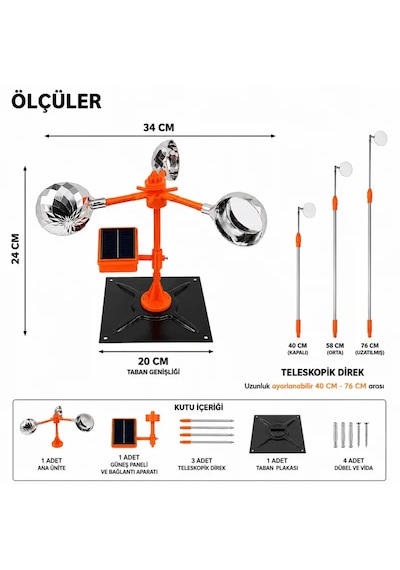 Peller Pro Solar Bird Spinner Kuş Kovucu Turuncu Uzatılabilir