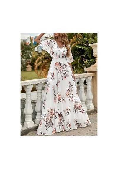Butik İstanbul Kadın Kısa Kollu V Yakalı Desenli Süprem Elbise Pembe
