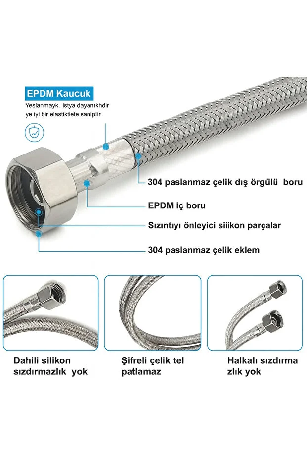 Musluk Bağlantı Hortumu 50 Cm 3/8 X 3/8 Çelik Örgülü 2 Adet Gümüş
