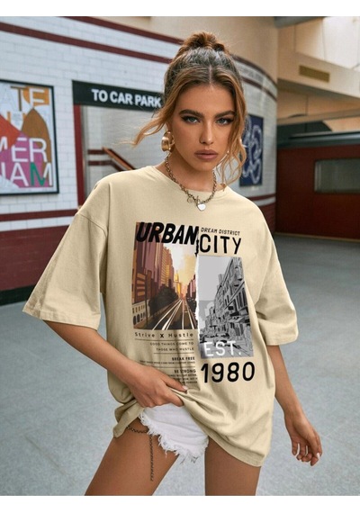 Flood Of Style Kadın Vizon Urban Baskılı T-shirt Bej