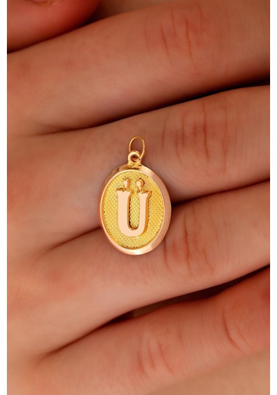 14 Ayar Altın Ü Harfi Nostalji Oval Kolye Ucu 548612276
