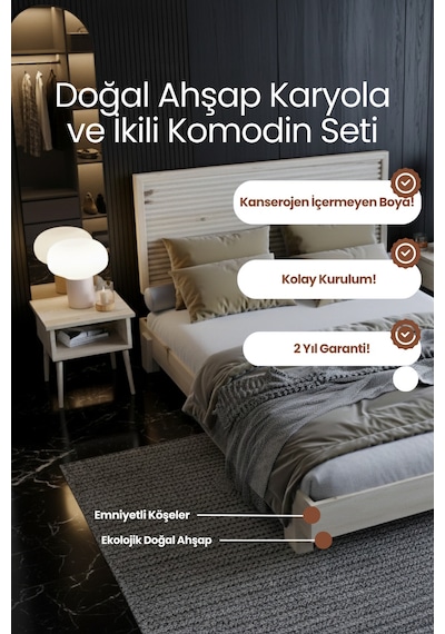 Alaz Yatay Başlıklı Masif Ahşap Karyola Ve 2 Adet Vernik 90x200