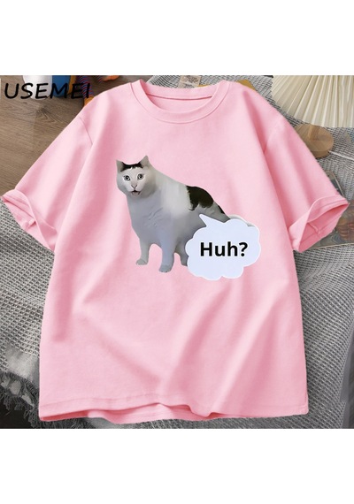 Flood Of Style Huh Kedi Komik Meme T Shirt Erkek Kadın Absurd Weirdcore T-shirt Rahat Yuvarlak Boyun Pamuk K Pembe