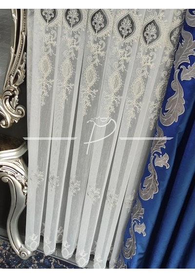 Tül Perde 32327 Nolu Desen Kadife Işleme Tül Perde Ekru