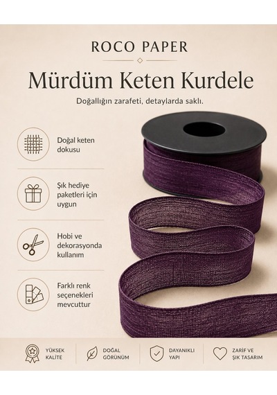 Mürdüm Keten Kurdele 2,5 Cm X 20 Metre, Hediye Paketi Ve Hobi Şer Standart