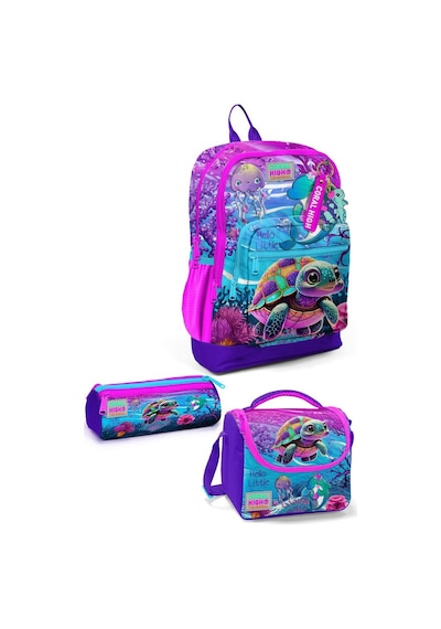 Coral High Kids Pembe Mor Kaplumbağa Desenli 3 Lü Okul Çanta Seti Set0123756 Çok Renkli