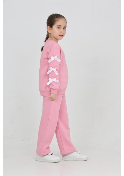 Erdem Kıds Kız Çocuk 3 İplik Şardonlu Kurdele Detaylı Basic Sweatshirt-bol Kesim Palazzo Eşofman Takım Pembe Pembe