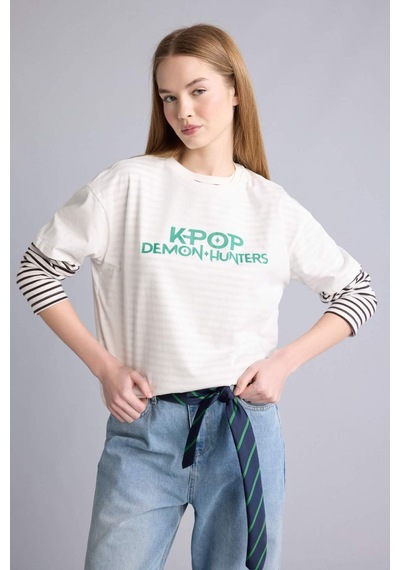 Defacto Kpop - Demon Hunters Oversıze Sırt Baskılı Tişört H7152ax26spwt32 Beyaz-wt32