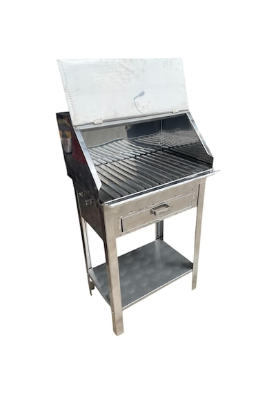 Paslanmaz Kömürlü Mangal Çekmeceli 35 X 50 Cm Sehpalı Kapaklı Barbekü Gri
