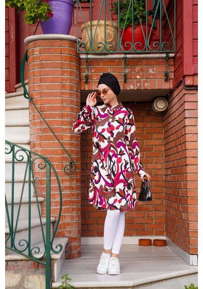 Polologin Butik Fuşya Renkli Soyut Desenli Uzun Tunik Pembe