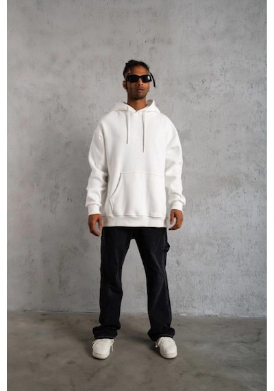 Erkek 3 İplik Pamuklu Kapüşonlu Cepli Düz Hoodie Sweatshirt - Beyaz Siyah
