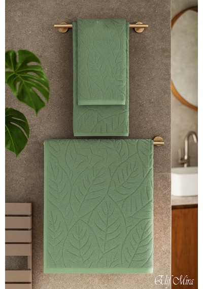 Banyo & Yüz Havlusu Seti Dokulu %100 Pamuk 90x150 + 50x90 Cm Foliva Yeşil