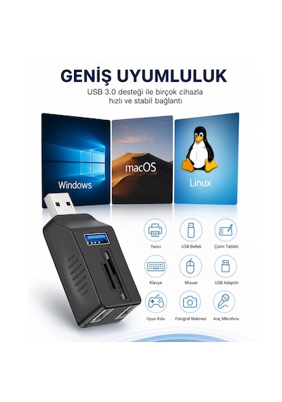 Alfais 6080 Usb 3.0 Hub 5 Port Çoklayıcı Sd Tf Micro Sd Mmc Kart Okuyucu Splitter Çevirici