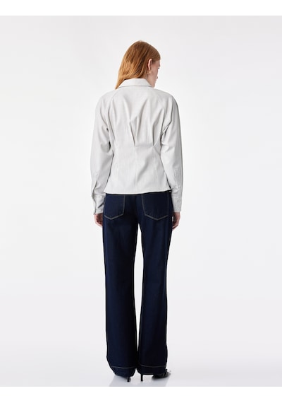 Koton Klasik Yaka Slim Fit Çizgili Uzun Kollu Gömlek Ekru Çizgili 7wak60189pw