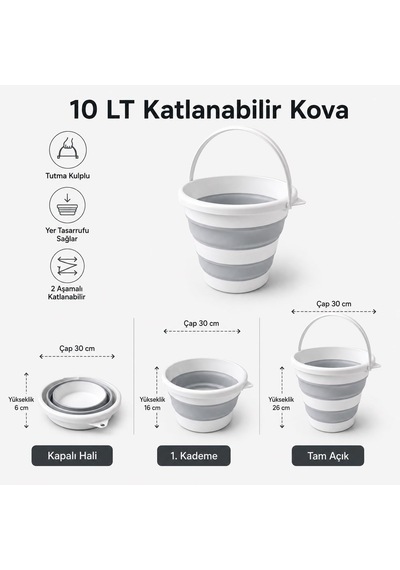 Katlanabilir Kova 10 Lt, 2 Aşamalı Silikon Katlanır Kova, Tutma Kulplu Yer Tasarruflu Çok Amaçlı Temizlik Kovası, Çok Renkli