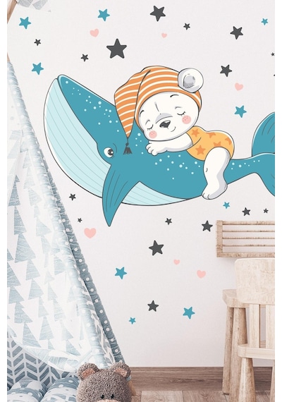 MSticker Balinada Uyuyan Ayıcık Ve Yıldızlar Çocuk Bebek Odası Sticker Seti