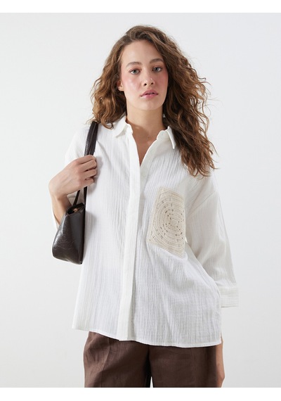 Lcwaıkıkı Classic Ekru Nakışlı Oversize Kadın Gömlek