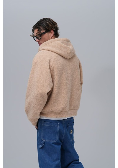 Düz Fermuarlı Cepli Kapüşonlu Unisex %100 Pamuk Sweatshirt Bej