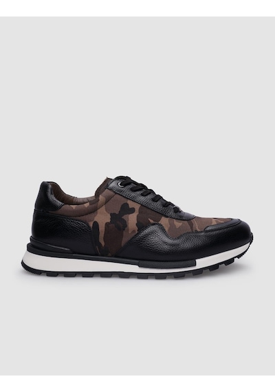 %100 Hakiki Deri Siyah Bağcıklı Kamuflaj Desenli Erkek Sneaker-siyah Siyah