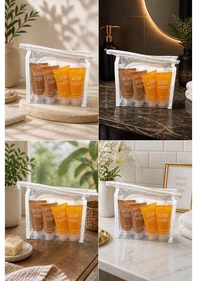 Şeffaf Çantalı 7 Li Banyo & Seyahat Seti Oval Kabak Lif + 2 Sabun 42 Gr + 2 Şampuan 30 Ml + 2 Duş Jeli 30 Ml Fresh