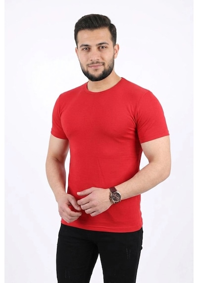 Novalisse Erkek Basic Tişört Bisiklet Yaka Kısa Kol Günlük Yazlık Slim Fit T-shirt - Kırmızı Çoklu Renk