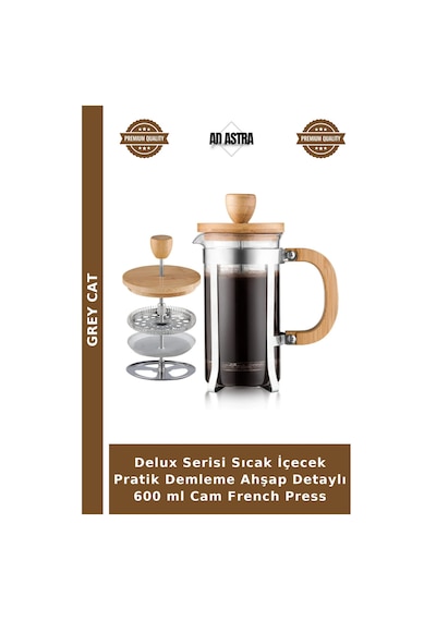 Delux Serisi Sıcak İçecek Pratik Demleme Ahşap Detaylı 600 Ml Cam French Press Ahşap - Şeffaf