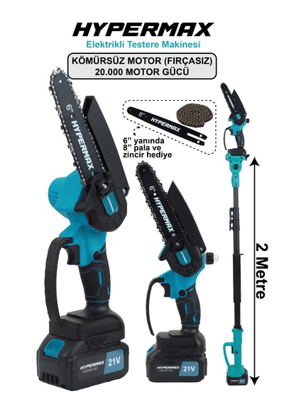 Hypermax DK-911 3'lü Set Çift Akülü 10 Pilli Kömürsüz Teleskopik Kollu Bağ Budama Makası ve Budama Testeresi