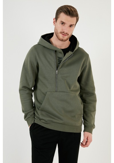 Buratti Kanguru Cepli Fermuarlı Kapüşon Yaka Slim Fit Erkek Sweat 575707 Haki