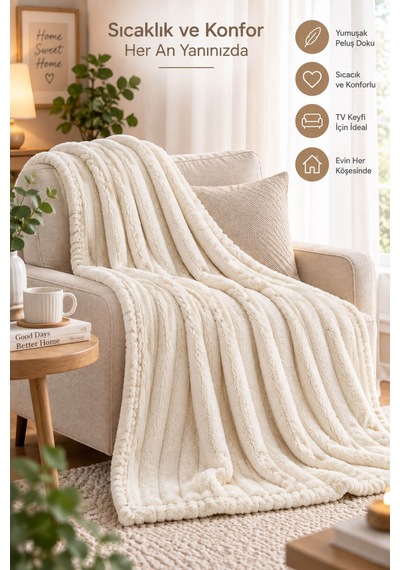 Tek Kişilik Peluş Tv Diz Battaniyesi 100x175 Cm Krem