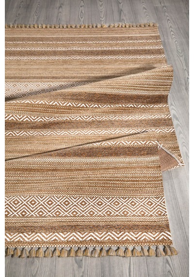 Ekru Renkli Kaymaz Tabanlı Yıkanabilir Makine Dokuma Kilim-204 Sarı