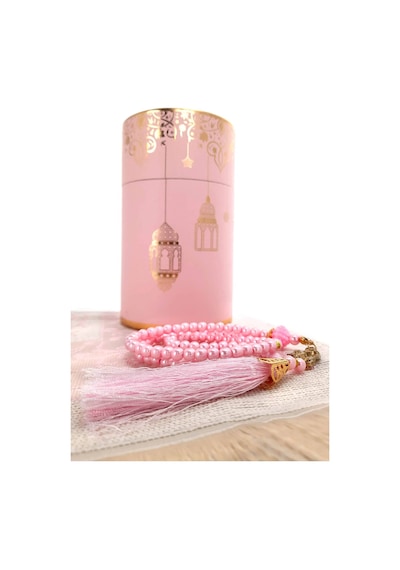Seccadeli ve İnci Tesbihli Özel Silindir Kutulu Set Pembe