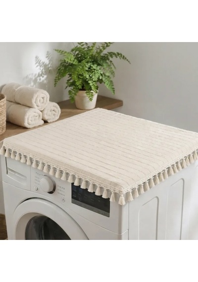 Ham Ponponlu Monica Çamaşır Makinesi Örtüsü - Çeyizlik Dekoratif Banyo Makine Kılıfı Krem