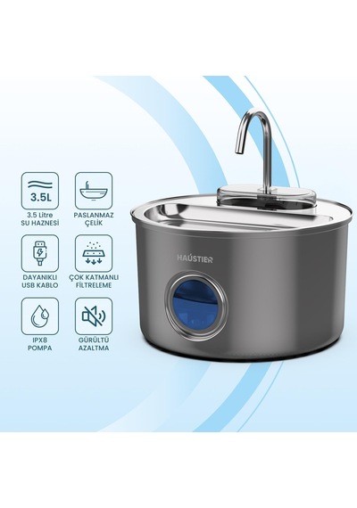 Haustier Wf009ls-m Otomatik Kedi Su Çeşmesi,kedi Su Sebili, Su Pınarı 3.5lt Geniş Hazne, Sus304 Çelik, Çok Katman