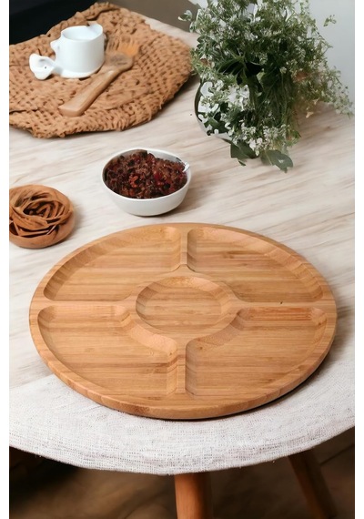 360 Dönebilen Bambu Kahvaltı, 30cm Sunum Ve Çerezlik Tabağı 5 Bölmeli, Dönerli Bambu Sunum Tabağı Çok Renkli